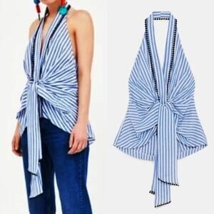 ZARA Blue White Striped Backless Halter Top Size S
